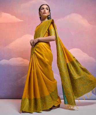 yellow handloom raw silk weaving designer saree with blouse 2