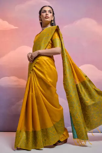 yellow handloom raw silk weaving designer saree with blouse