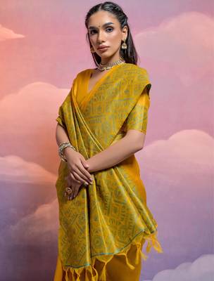yellow handloom raw silk weaving designer saree with blouse 3