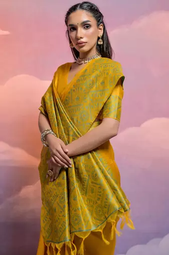 yellow handloom raw silk weaving designer saree with blouse