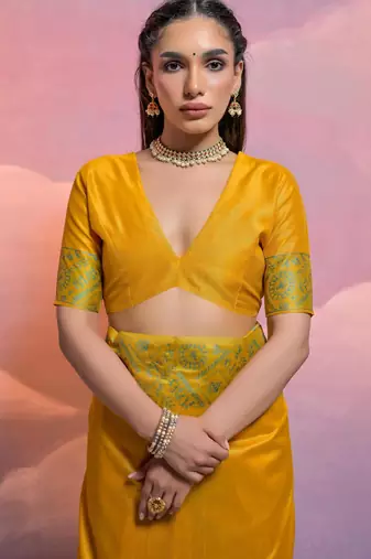 yellow handloom raw silk weaving designer saree with blouse