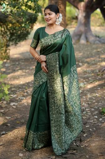 bottle green handloom raw silk weaving designer saree with blouse
