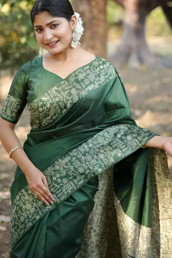 bottle green handloom raw silk weaving designer saree with blouse