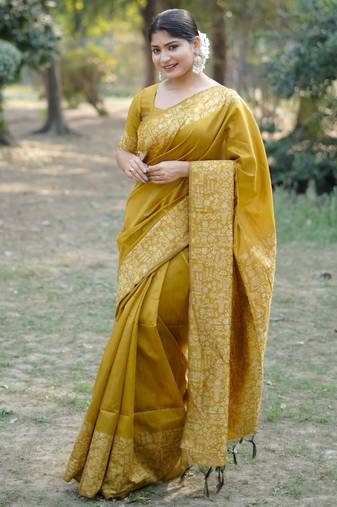 mustard handloom raw silk weaving designer saree with blouse
