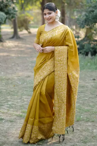 mustard handloom raw silk weaving designer saree with blouse