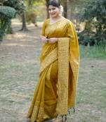 mustard handloom raw silk weaving designer saree with blouse