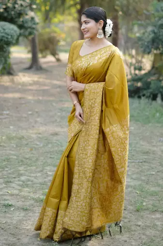 mustard handloom raw silk weaving designer saree with blouse