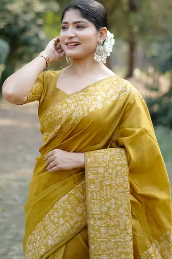 mustard handloom raw silk weaving designer saree with blouse