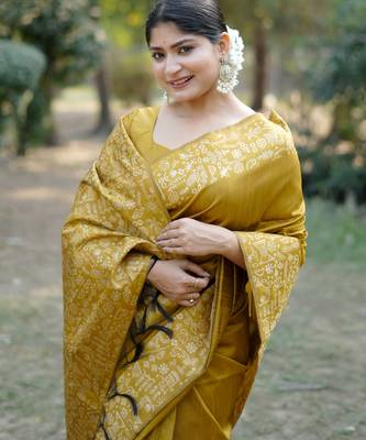 mustard handloom raw silk weaving designer saree with blouse 4