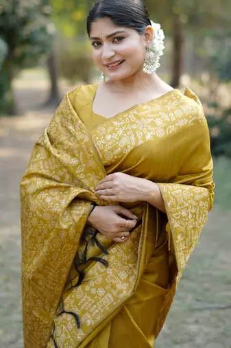 mustard handloom raw silk weaving designer saree with blouse