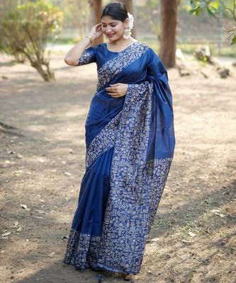 blue handloom raw silk weaving designer saree with blouse 1