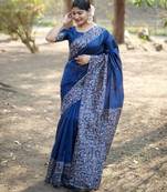 blue handloom raw silk weaving designer saree with blouse