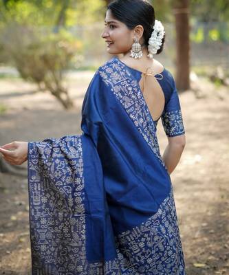 blue handloom raw silk weaving designer saree with blouse 4