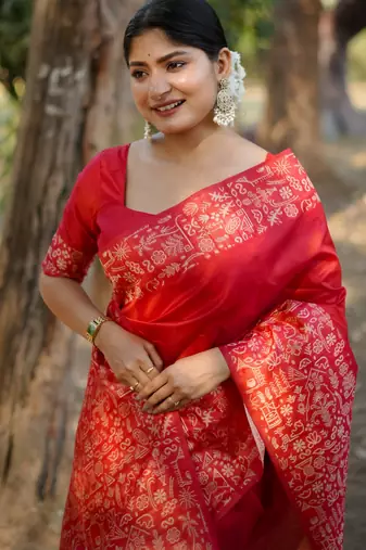 red handloom raw silk weaving designer saree with blouse