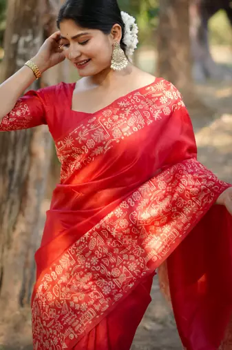 red handloom raw silk weaving designer saree with blouse