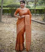 orange handloom raw silk weaving designer saree with blouse
