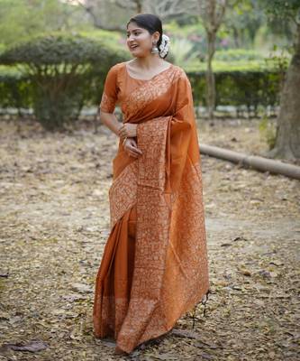 orange handloom raw silk weaving designer saree with blouse 2