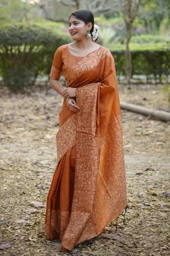 orange handloom raw silk weaving designer saree with blouse