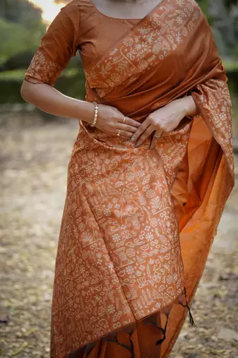 orange handloom raw silk weaving designer saree with blouse