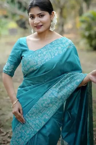 firozi handloom raw silk weaving designer saree with blouse