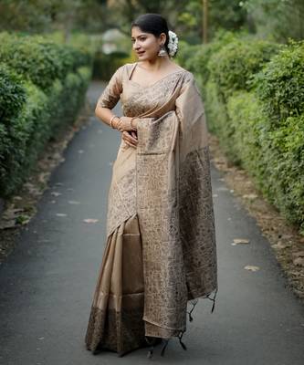 beige handloom raw silk weaving designer saree with blouse 1
