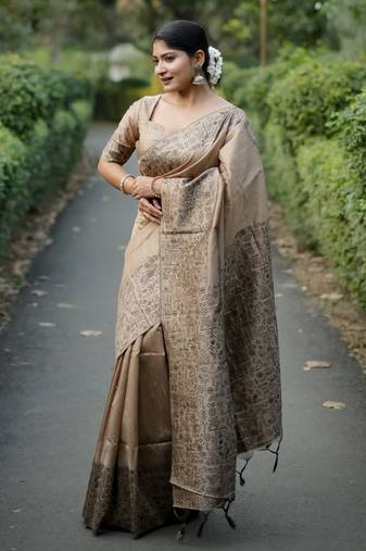 beige handloom raw silk weaving designer saree with blouse