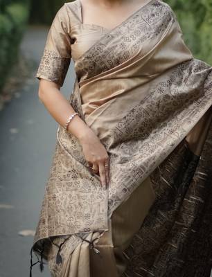 beige handloom raw silk weaving designer saree with blouse 4