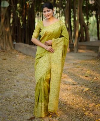 mehendi handloom raw silk weaving designer saree with blouse 1