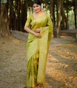mehendi handloom raw silk weaving designer saree with blouse