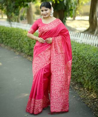 pink handloom raw silk weaving designer saree with blouse 1