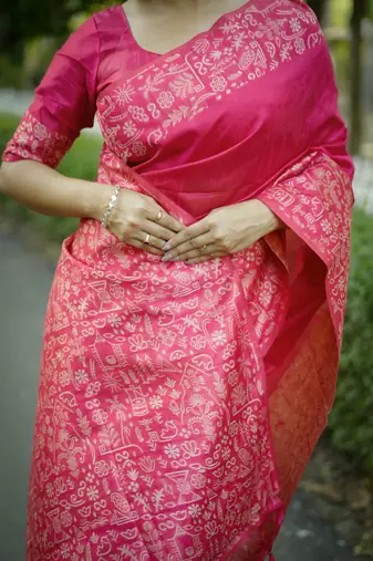 pink handloom raw silk weaving designer saree with blouse