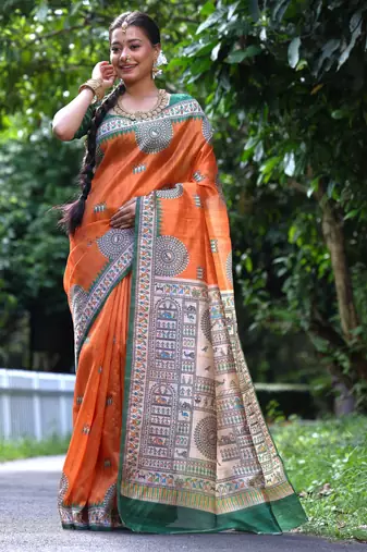 orange soft tussar silk printed designer saree with blouse