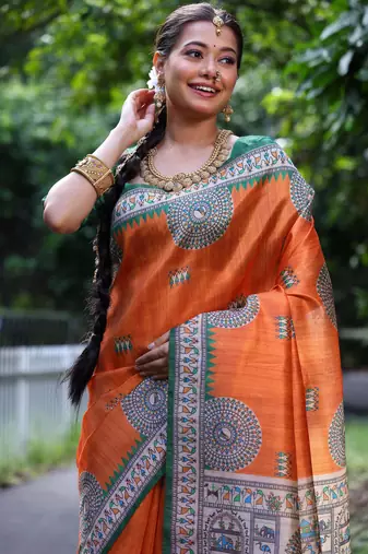orange soft tussar silk printed designer saree with blouse