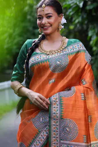 orange soft tussar silk printed designer saree with blouse