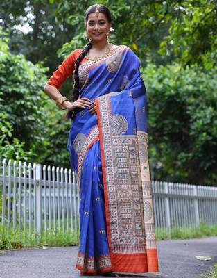 blue soft tussar silk printed designer saree with blouse 1
