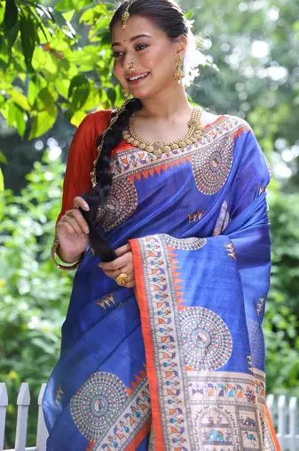 blue soft tussar silk printed designer saree with blouse