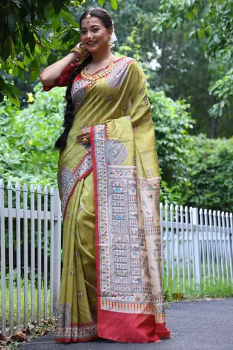 green soft tussar silk printed designer saree with blouse