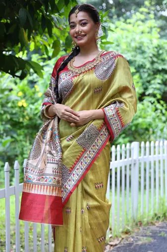 green soft tussar silk printed designer saree with blouse