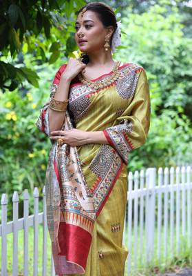 green soft tussar silk printed designer saree with blouse 4