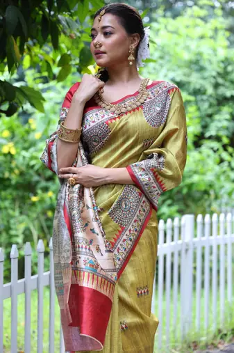 green soft tussar silk printed designer saree with blouse