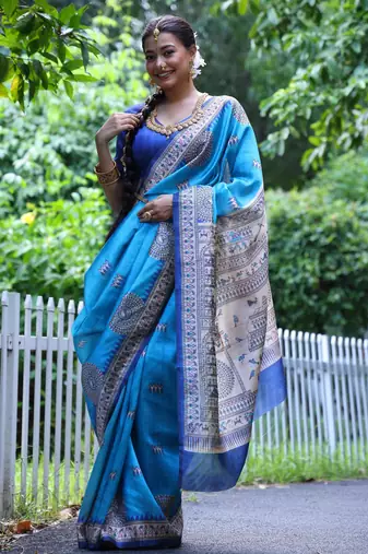 firozi soft tussar silk printed designer saree with blouse