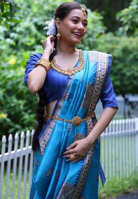 firozi soft tussar silk printed designer saree with blouse 4