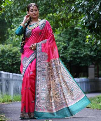 pink soft tussar silk printed designer saree with blouse 1