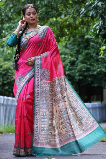 pink soft tussar silk printed designer saree with blouse