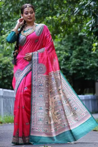 pink soft tussar silk printed designer saree with blouse
