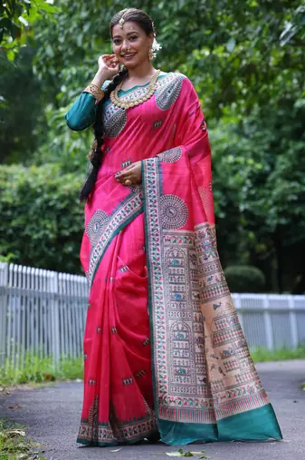 pink soft tussar silk printed designer saree with blouse