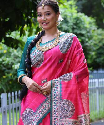 pink soft tussar silk printed designer saree with blouse 3