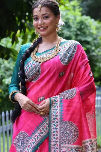 pink soft tussar silk printed designer saree with blouse