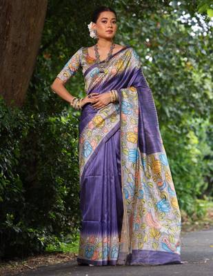 purple soft tussar silk kalamkari printed designer saree with blouse 1