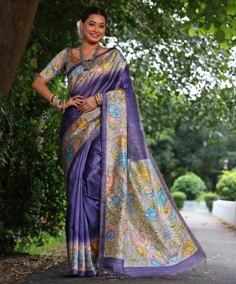 purple soft tussar silk kalamkari printed designer saree with blouse 2